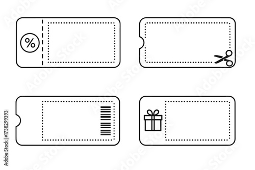 Set of coupon templates. Vector illustration of discount voucher, gift certificate, and promo code ticket. Shopping and marketing concept with percent, scissors, barcode icons.