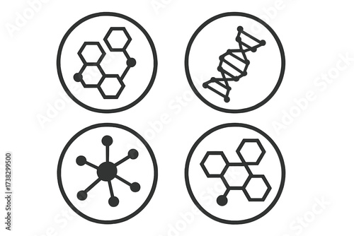 Science icon set with molecule, DNA, and atom symbols. Vector collection of chemical structure, genetic helix, biotechnology research, and network connection for medical logo.