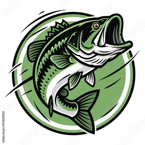 Dynamic largemouth bass leaping from water, perfect for sports logos, fishing apparel, and outdoor adventure branding.