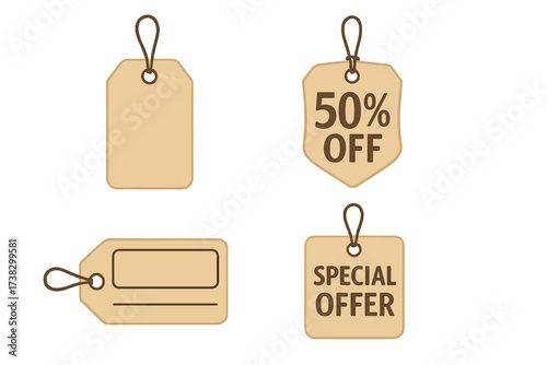 Set of sale tags and labels. Template shopping labels. Blank discount and price tags on paper. Special offer. Fifty percent off. Vintage vector illustration collection.