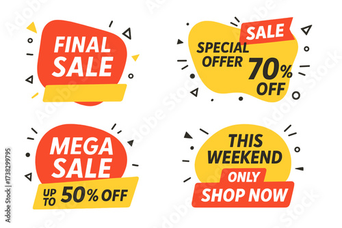 Sale sticker and tag set. Final sale, mega sale, and special offer banners. Discount labels for retail promotion. Weekend only, shop now. 50 and 70 percent off vector pack.
