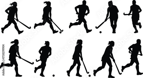 Black vector silhouettes of women and men engaging in winter sports like ice hockey and skiing, including athletes in action with a stick or ball