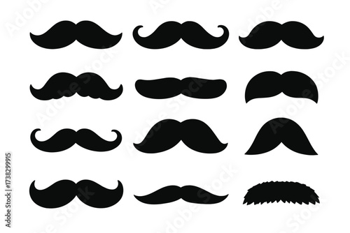 Mustache vector icon set. Collection of black silhouette moustaches. Retro gentleman and modern hipster facial hair styles. Barbershop grooming graphic design elements isolated.