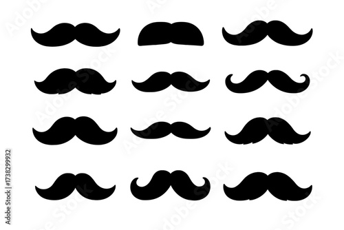 Set of black mustache silhouettes. Vector icon collection of man facial hair styles. Hipster, retro, and classic gentleman mustaches for barbershop design element.