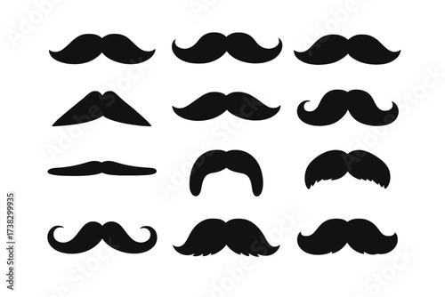 Mustache vector icon set. Collection of black silhouette moustaches. Retro and classic gentleman facial hair. Hipster barbershop design element. Man face character kit.