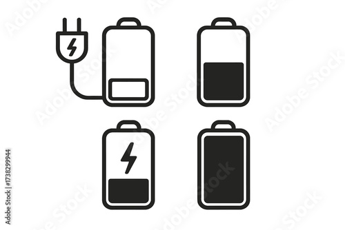 Battery charge level indicator icon set. Full, low, and empty power status symbol. Mobile phone UI element. Energy loading process vector illustration. Electricity concept.