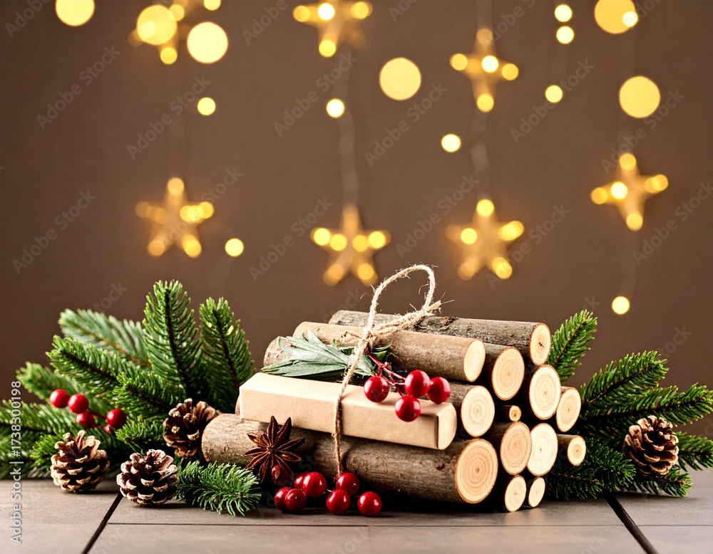 Décor de fête de Noël avec petits bois, baies rouges, branches de sapin, et petits objets décoratifs placé sur une table près d'une cheminée. Generated Image.