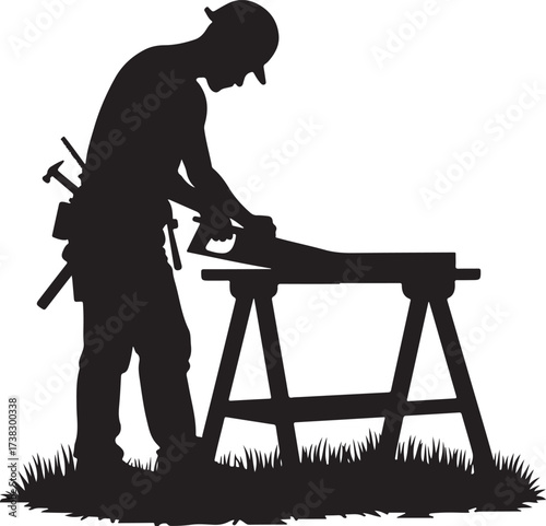 Silhouette carpenter sawing wood on sawhorses outdoors