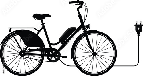 Electric bicycle silhouette, charging cable, eco transport, battery powered bike, green energy, mobility icon, vector illustration, modern commute, sustainability concept