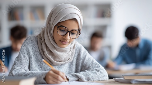 Young woman in hijab focused on writing, students in background. Library setting
