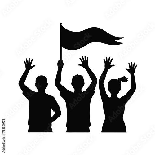 Silhouette of a crowd cheering and waving flag with raised hands