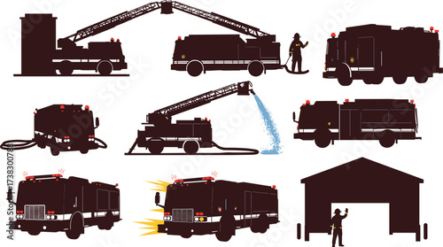 Fire truck vector illustration set showing emergency response, firefighting operations, rescue ladder, water hose, fire station, and firefighter action scenes