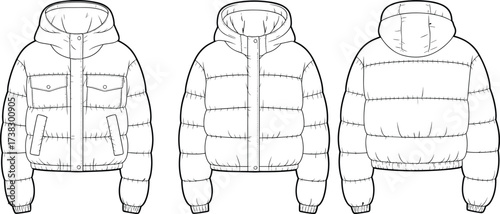 Blank hooded puffer jacket front, side, and back view vector illustration, quilted winter coat mockup, fashion clothing template design for cold weather apparel branding