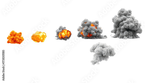 Sequence of evolving fire and smoke explosions showing progression from small flames to large smoke clouds isolated on white background