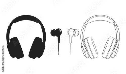 Black silhouette and line art of headphones and earbuds on white background earphones audio