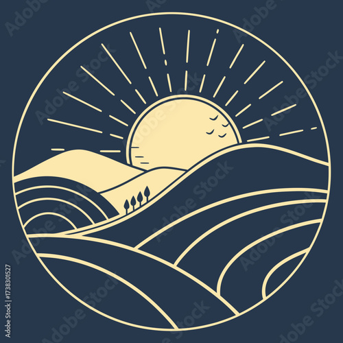 Golden sun rising over rolling hills in a circular emblem design icon