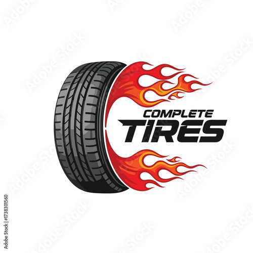 Vector art of dynamic tire logo with flames, , conveying speed, power, and the concept of complete tire solutions for automotive needs