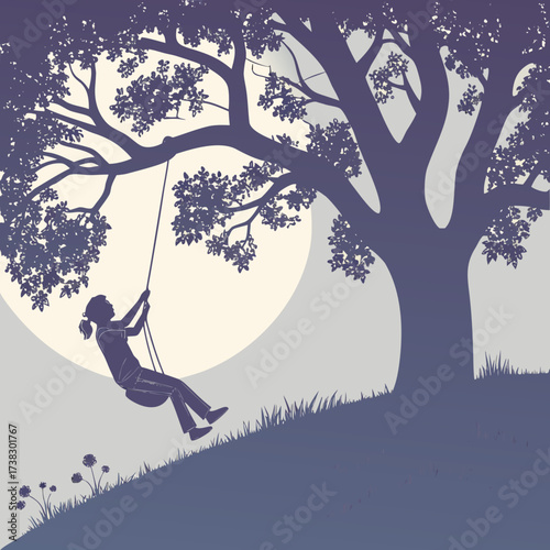 Silhouette of a girl on a swing under a large tree in the moonlight