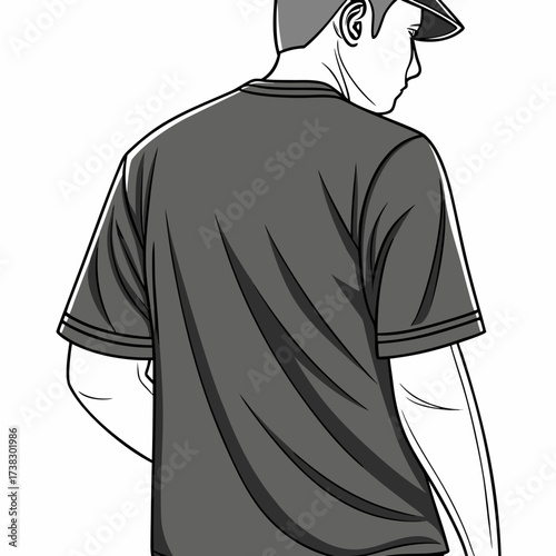 Young man in a tshirt and cap stands with his back