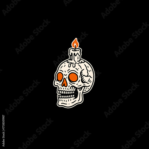 Cartoon Skull with Orange Eyes and Candle on Head with Flame.