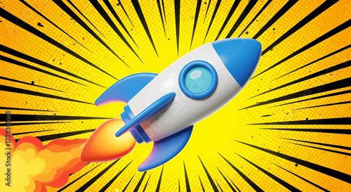 Cartoon rocket launch illustration, pop art comic explosion for startup success, future technology, business growth