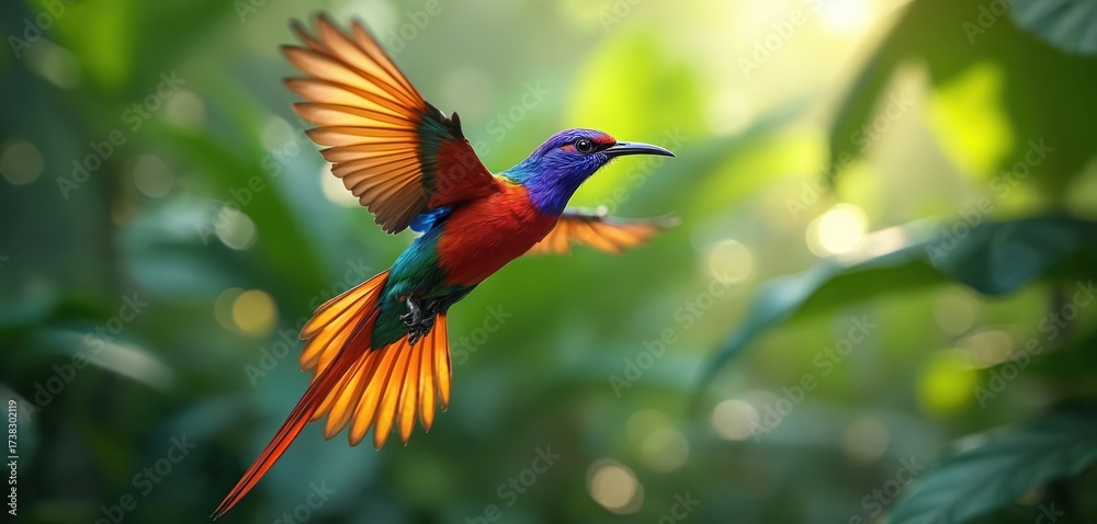 Fototapeta premium Vibrant bird in flight showcases colorful plumage against green foliage backdrop. Tropical avian with iridescent feathers flies in natural habitat. Exotic wildlife concept represents beauty of nature.