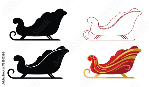 Four sleigh illustrations in black red and gold on white background santa claus sleigh christmas sleigh