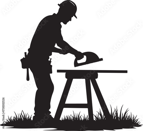 Silhouette of a carpenter cutting wood on a sawhorse