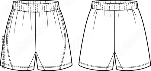 Blank shorts fashion flat sketch vector illustration, front and back technical drawing of casual elastic waist shorts for apparel design, clothing template, garment mockup