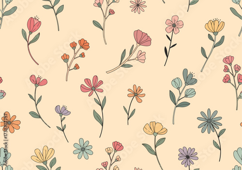 Seamless floral design with hand-drawn wild flowers. Repeated pattern vector illustration. Repeated pattern can be used for web page background, surface textures and fabrics. Vector illustration.