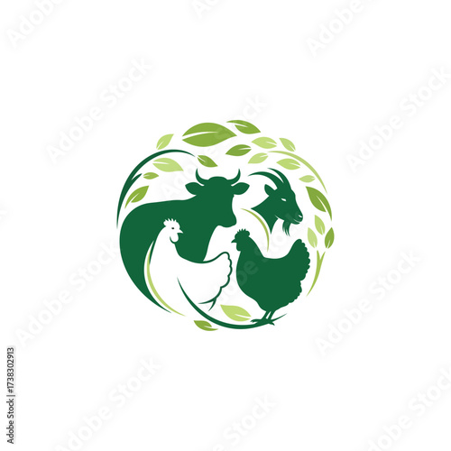 Vector art of farm animal logo featuring a cow, goat, and chickens surrounded by leaves, representing sustainable agriculture