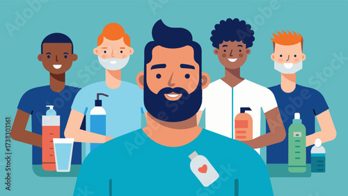 An ad for a mens grooming brand shows men with different body types using their products and feeling confident and attractive.. Vector illustration