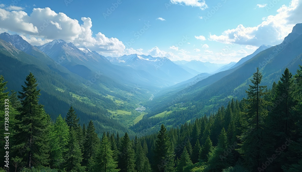 Obraz premium Scenic aerial view of mountains valley with forests under blue sky. Lush green trees cover hillsides. Landscape photo highlights nature beauty for travel projects.
