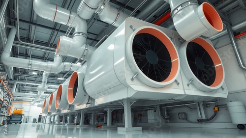Large industrial air handling unit with ductwork and ventilation system installed in a spacious factory or warehouse providing climate control for efficiency.