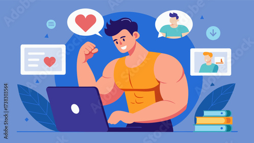 A young man scrolling through social media sees countless images of chiseled abs and bulging biceps causing him to feel selfconscious about his own body.. Vector illustration