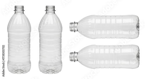 Isolated transparent PET plastic bottle set recyclable lightweight no color drinkware
