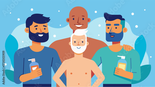 A television commercial for a body wash brand showing men of different ages and body types feeling confident and comfortable in their own skin.. Vector illustration