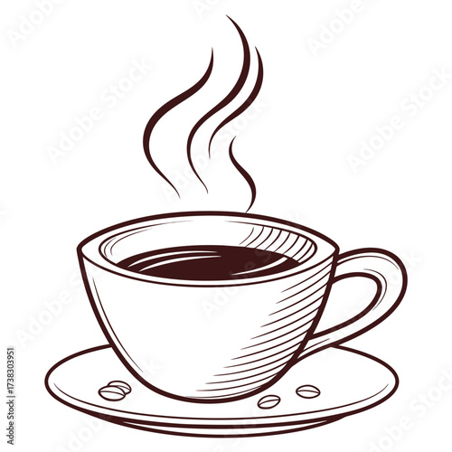 A simple line art illustration of a steaming cup of coffee with coffee beans on the saucer