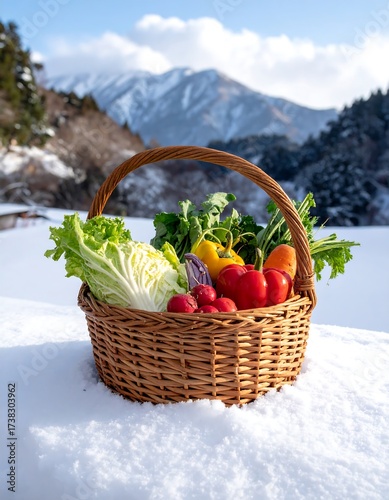 Fresh vegetables in a wicker basket on snow, mountains in background