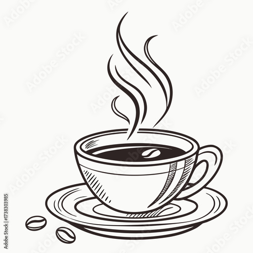 A steaming cup of hot coffee on a saucer with coffee beans illustrated in a simple black and white sketch style