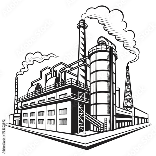 A stylized black and white illustration of a large industrial factory with smoking chimneys and complex piping systems