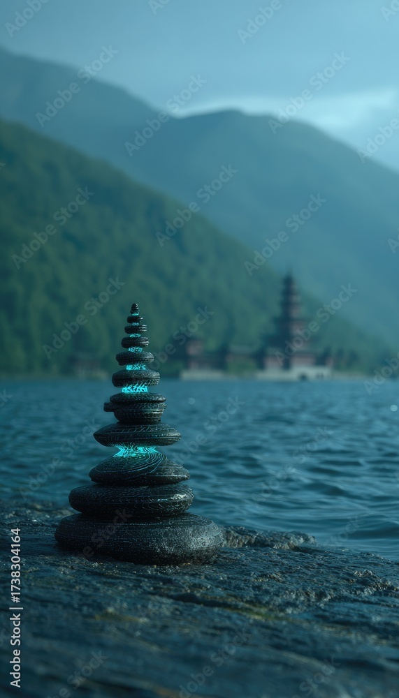 Fototapeta premium A tower of stones glows blue before a lake and a distant pagoda amidst mountains