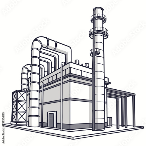 Industrial factory building with large pipes and a tall chimney representing manufacturing and production processes