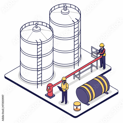 Industrial facility with large storage tanks and workers monitoring operations with laptops and safety equipment