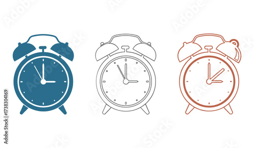 Three alarm clocks in different styles and colors on white background time vintage clock