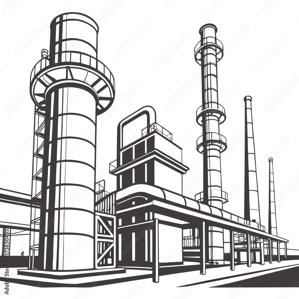 Obraz premium Industrial factory complex with tall smokestacks and processing towers against a white background in a graphic illustration style