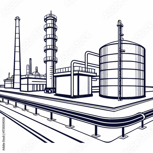 Industrial factory complex with tall smokestack storage tanks and processing buildings rendered in a clean line art style