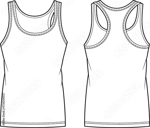 Blank tank top vector illustration, front and back view fashion template, sleeveless shirt outline design for apparel mockup, clothing pattern, textile, sportswear design