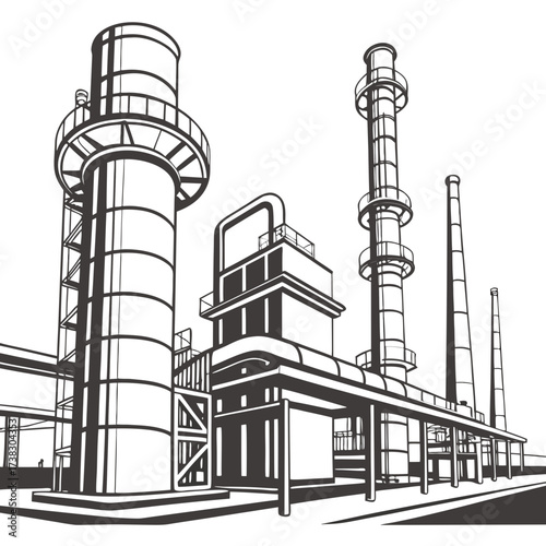 Industrial factory complex with tall smokestacks and processing towers against a white background in a graphic illustration style