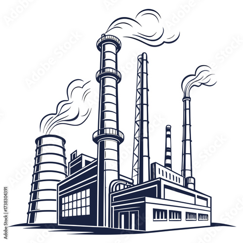 Industrial factory with multiple smokestacks emitting plumes of smoke against a white background in a stylized graphic illustration